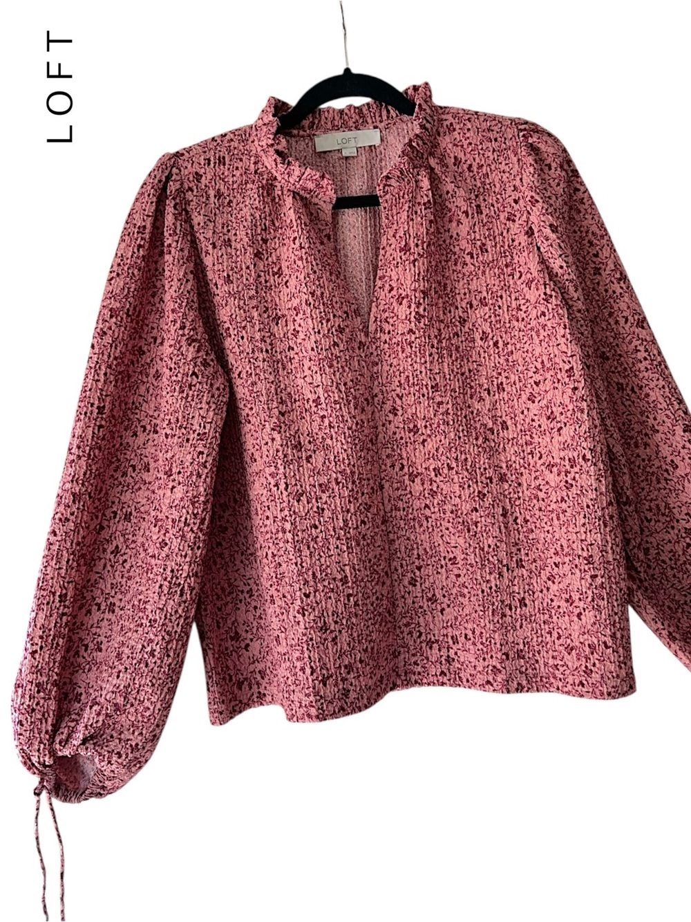 LOFT NWOT FLORAL RUFFLE NECK TOP BLOUSE BALLOON SLEEVES TIE-CUFFS | SMALL